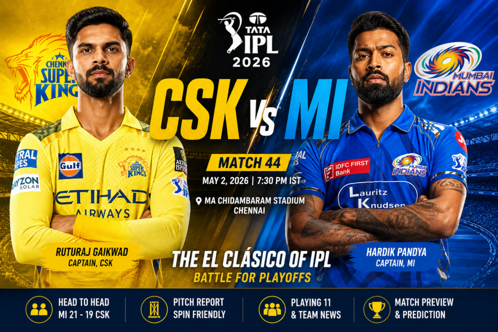 CSK vs MI IPL 2026 Match 44 Preview, Playing 11, Pitch Report ...